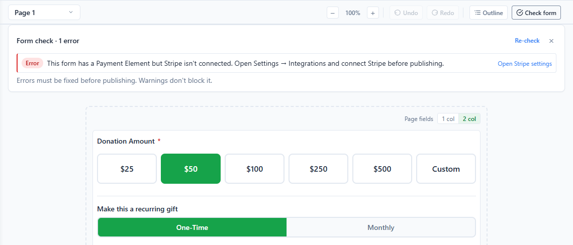 The Forms builder’s Check form panel showing one error: a payment field with Stripe not connected
