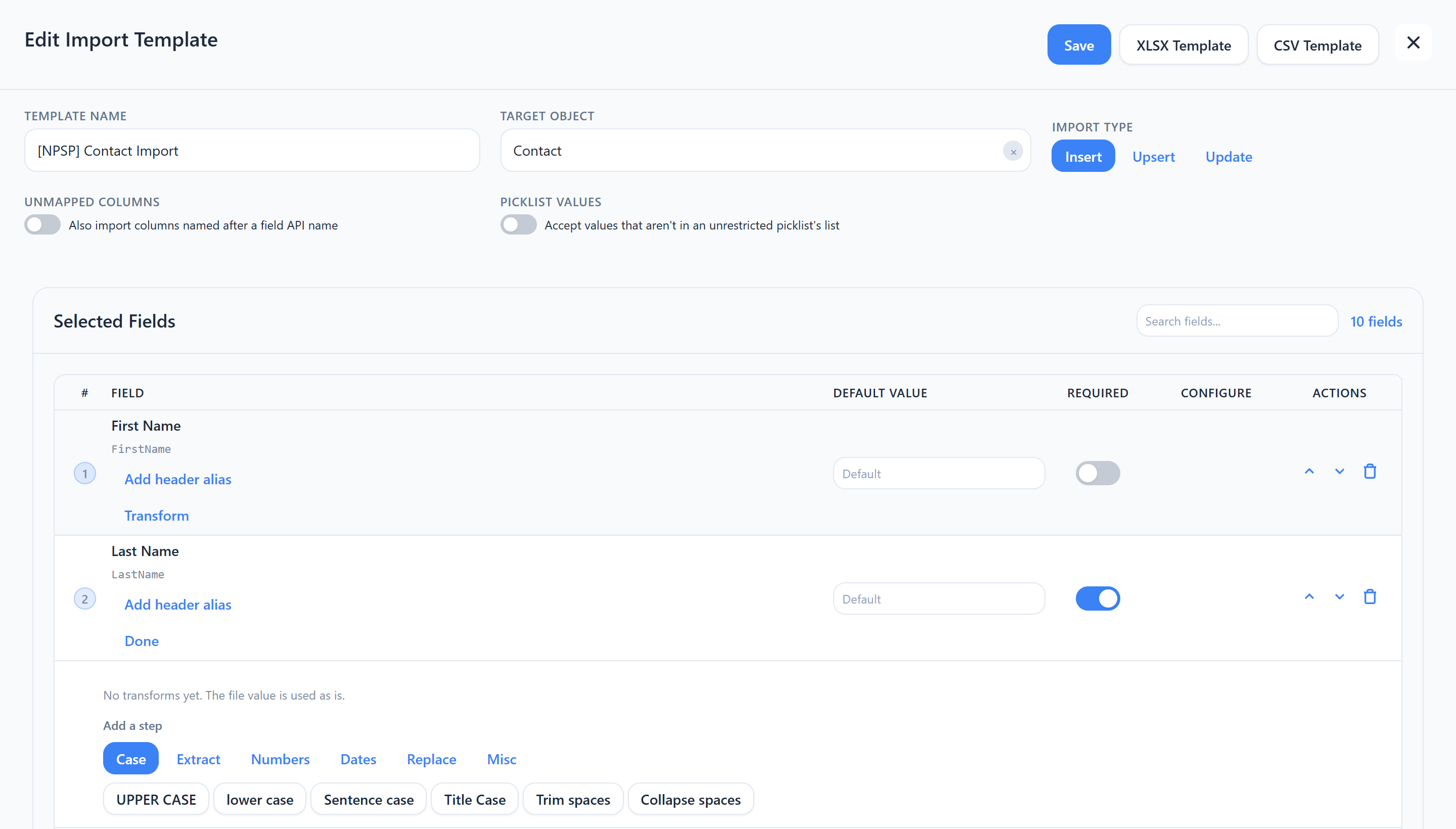 The CauseStack Edit Import Template screen for a Contact import, with Insert, Upsert and Update, the mapped fields, and the transform steps for Last Name