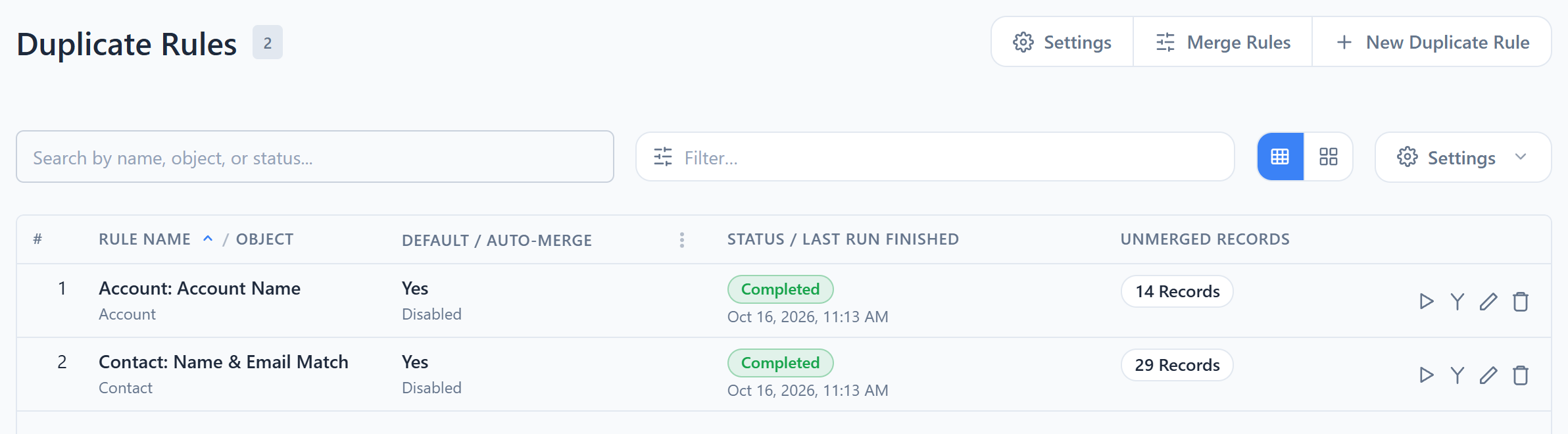 The CauseStack Duplicate Rules list showing an Account rule with 14 unmerged records and a Contact name and email rule with 29, each with its last run time and Completed status