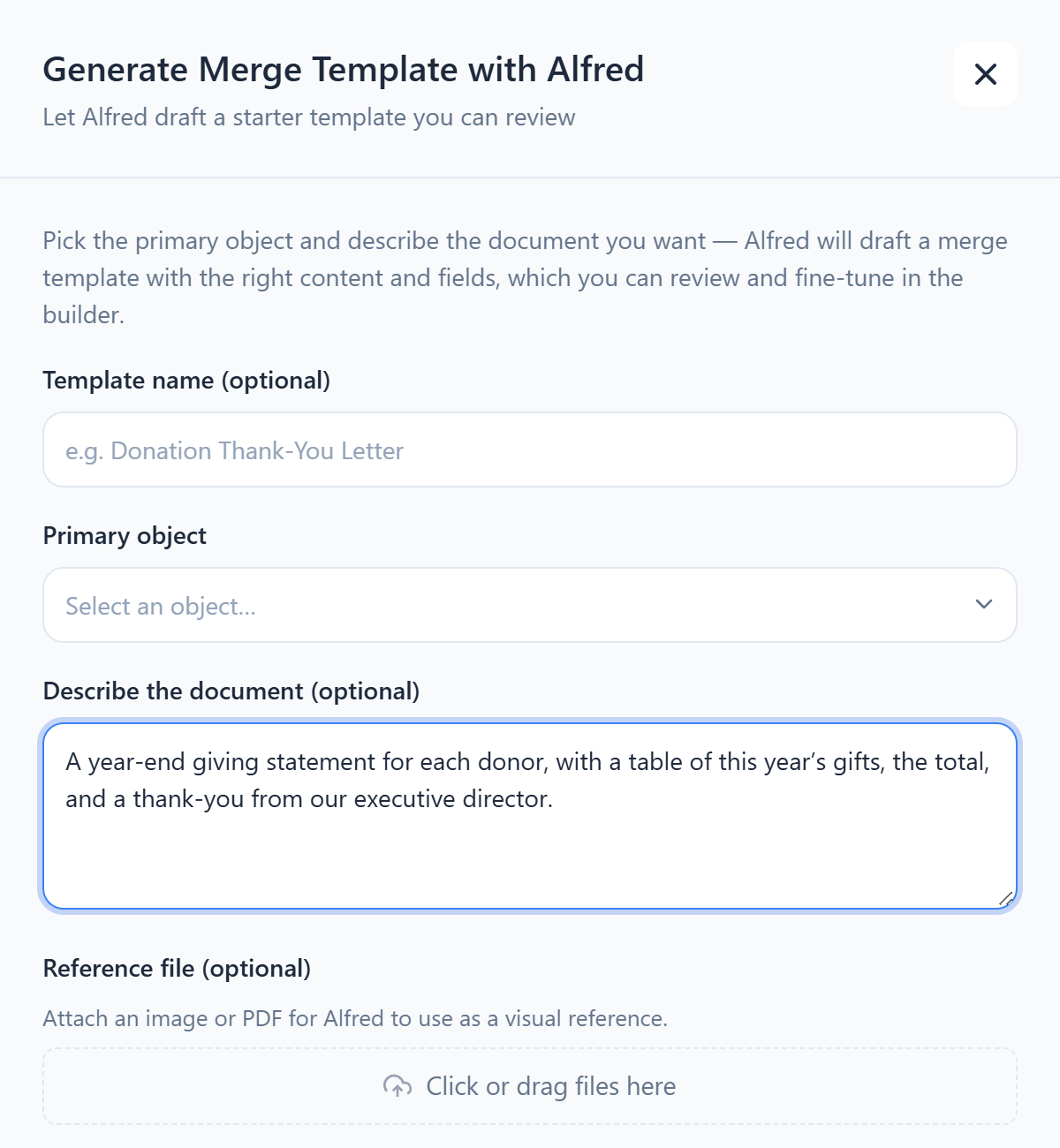Alfred AI’s Generate Merge Template panel: pick a primary object, describe the document, and attach an optional reference file