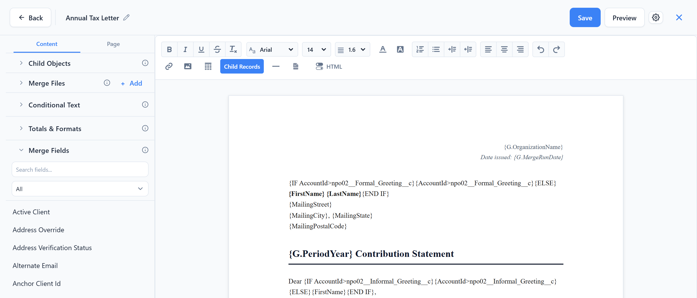 The CauseStack template builder editing the Annual Tax Letter, with merge fields for the donor’s greeting and address and a Contribution Statement heading for the giving year