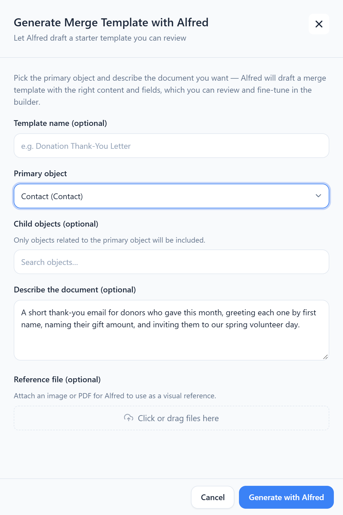Alfred AI’s Generate Merge Template panel with Contact as the primary object and a description of a donor thank-you email