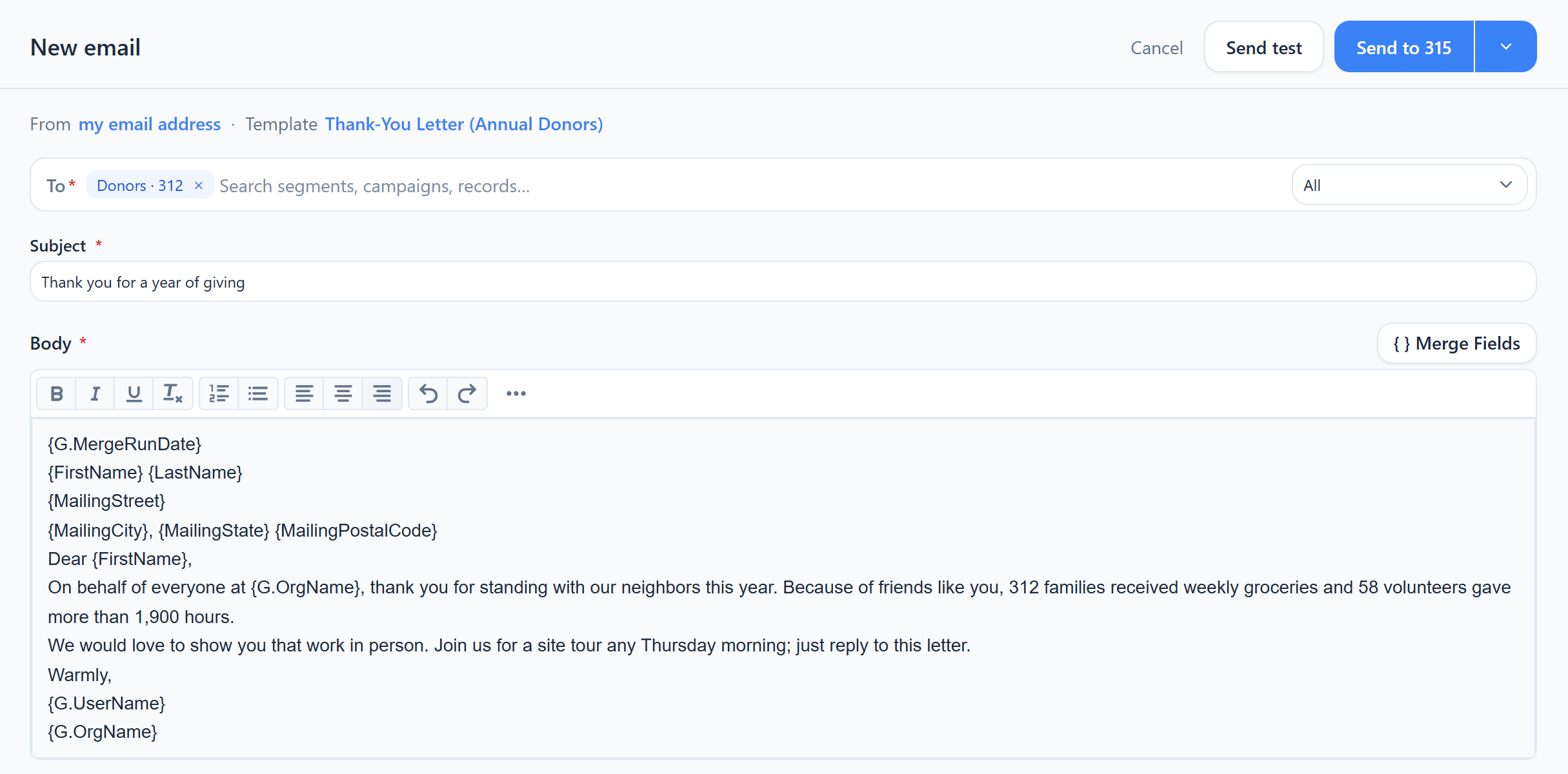 The CauseStack New email screen sending the Thank-You Letter (Annual Donors) template to the Donors segment, with merge fields in the body and a Send to 315 button
