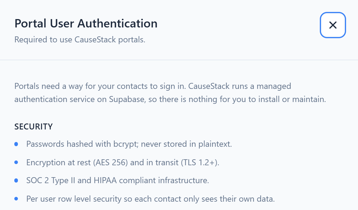 The Portal User Authentication panel: passwords hashed with bcrypt, encryption at rest and in transit, and per-user security so each contact only sees their own data